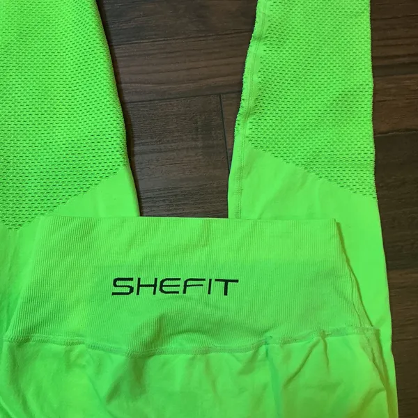 SHEFIT Seamless High Waisted Mesh Leggings Neon Green Small Athletic Workout - Image 4