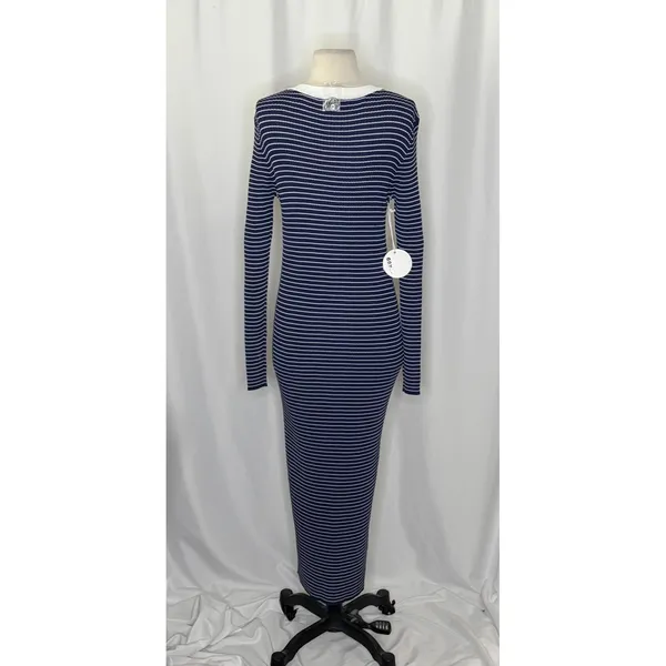 NWT!! STAUD Shoko Stripe Long Sleeve Sweater Dress Navy Blue White Striped Large - Image 8