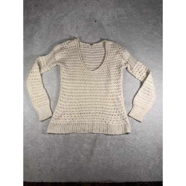 Free People Crashing Waves Scoop Neck Boho Sweater Ivory Wool Blend Chunky Small - Image 2