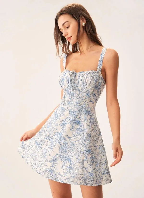 Rihoas Blue Floral Ruched Slip Corset Mini Dress - Image 3