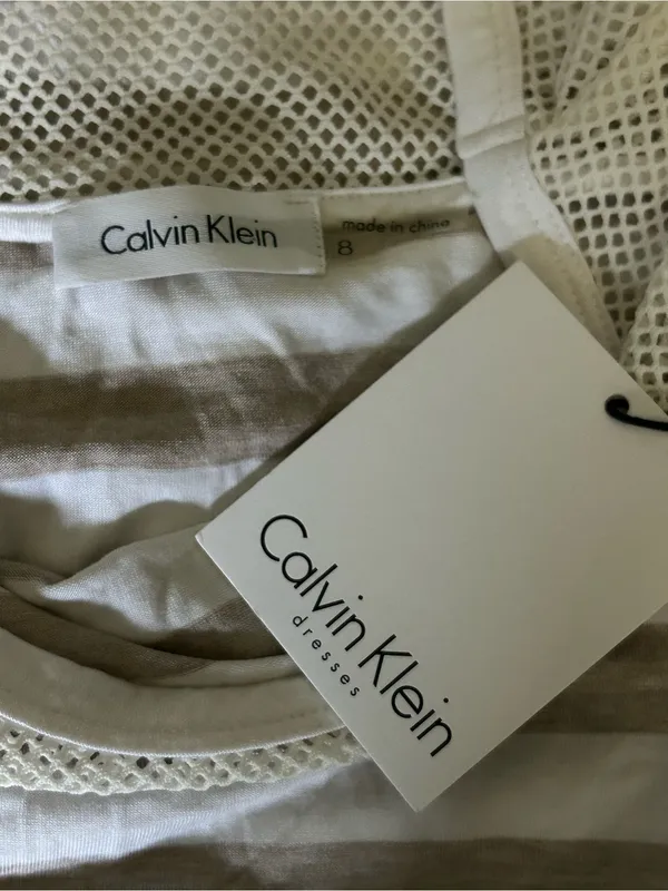 Calvin Klein Beige & White Striped Knit Dress with Mesh Yoke SZ 8 NWT - Image 10