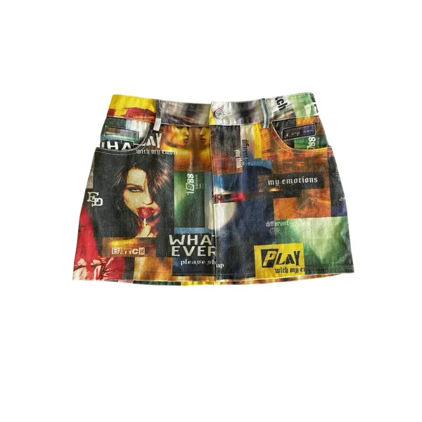 Edikted NWT Two Faced Denim Mini Skirt Small Collage‎ Photo Print Art Grunge 90s - Image 3