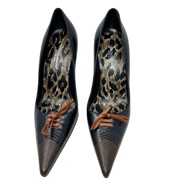 Dolce & Gabbana Black Leather Pointed Toe Lace Up Detail Leopard Pump 39 - Image 2