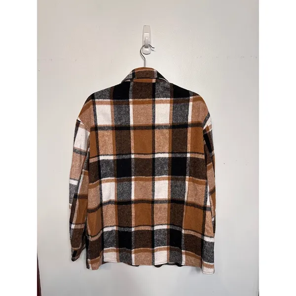 Womens Brown Plaid Button Down Shacket Oversized Flannel Shirt Jacket L - Image 2