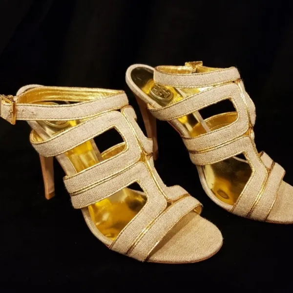 Tory Burch Metallic Gold and Tan Heels 10 1/5 - Image 6