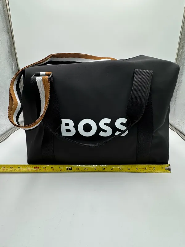 Hugo Boss Black Weekender Duffel Travel Gym Bag Striped Handles Zip Tote - Image 8