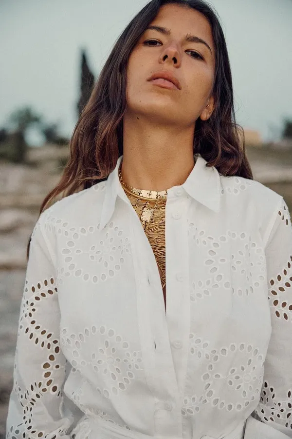 ZARA white lace long sleeve maxi dress with waist belt boho summer vacation - Image 8