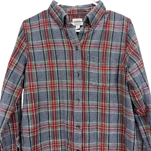 LL Bean Gray Scotch Plaid Cotton Flannel Button Shirt Relaxed Fit SMALL - Image 4