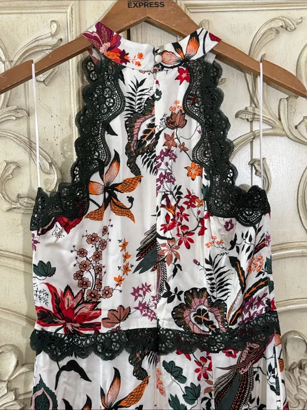 by Anthropologie Floral Lace-Trim Midi Dress in White with Red & Pink Blooms S-8 - Image 12