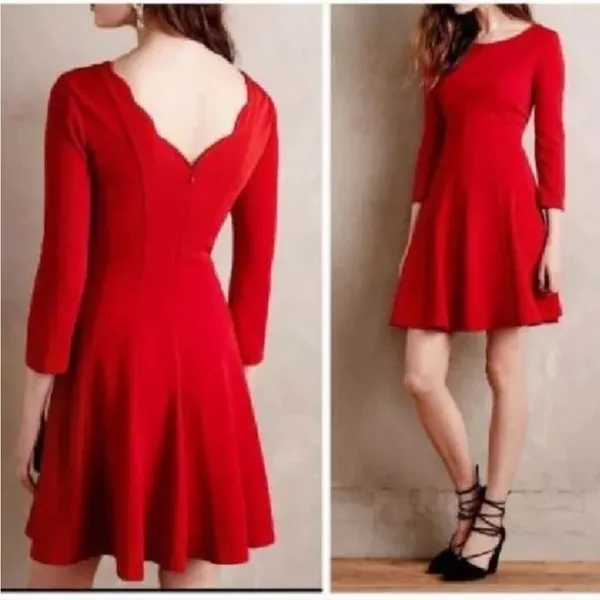 Anthropologie Sundays in Brooklyn XS Red Dress Scalloped Fit N Flare‎ Cocktail - Image 2