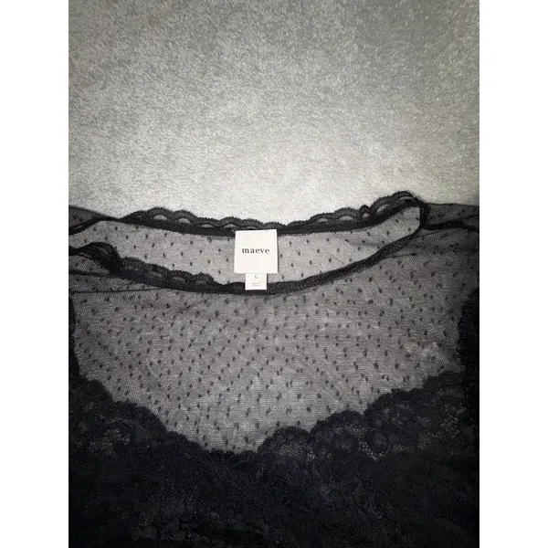 Maeve Anthropologie Black Ruffled Tulle Lace Blouse Sheer Polka Dot Mesh Top L - Image 6