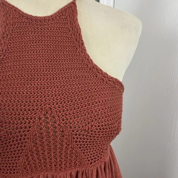 Free People Road Trip Tank Top Womens XS Brown Crochet‎ Halter Open Back Peplum - Image 4