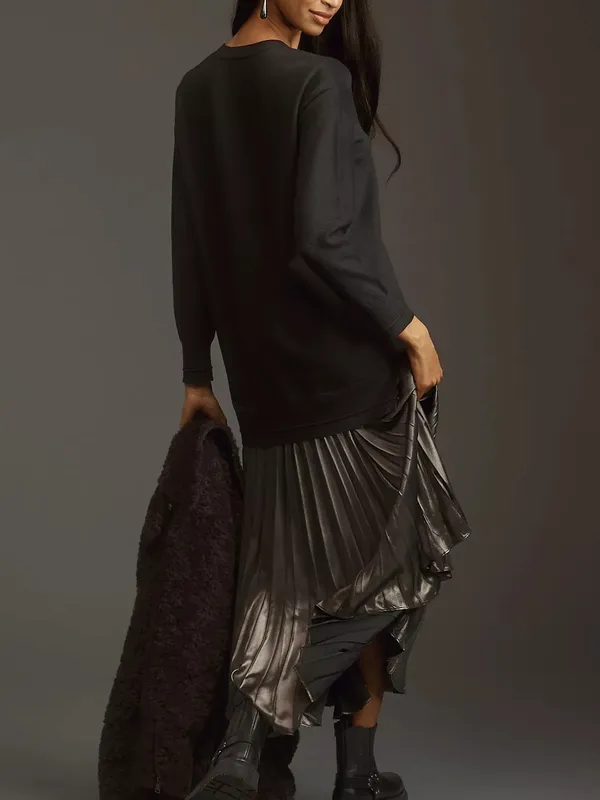 Anthropologie Women’s Twofer Black Knit Oversized Sweater Pleated Midi Dress S - Image 5