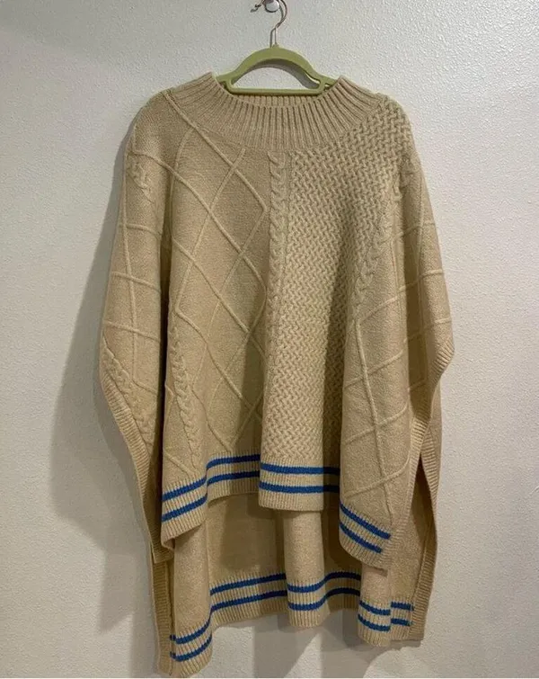 Free People Cream Harbour Stripe Cable knit Poncho Sweater Sz O/S NWT - Image 2