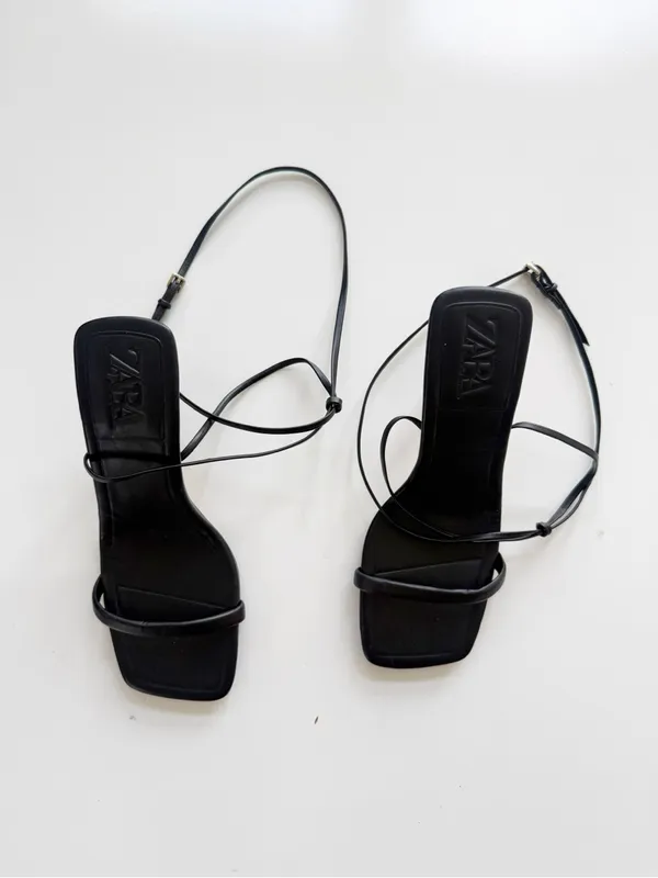 Zara Square Toe Black Leather Strappy Heeled Sandals size 38 (7.5) - Image 2