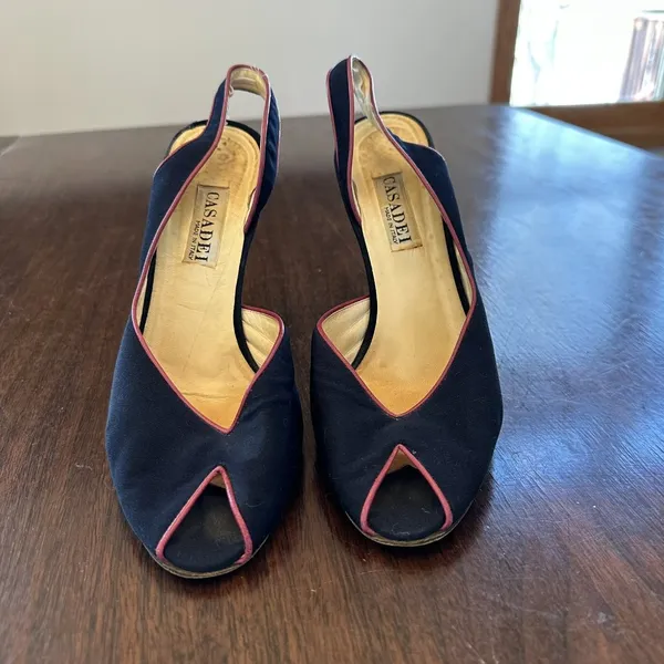 Casadei Vintage Navy Silk Slingback Heels Pink Leather Piping Women’s Size 9 - Image 3