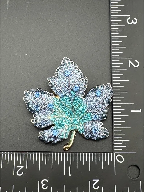 Blue and Turquoise Crystal Leaf Brooch Pin - Image 4