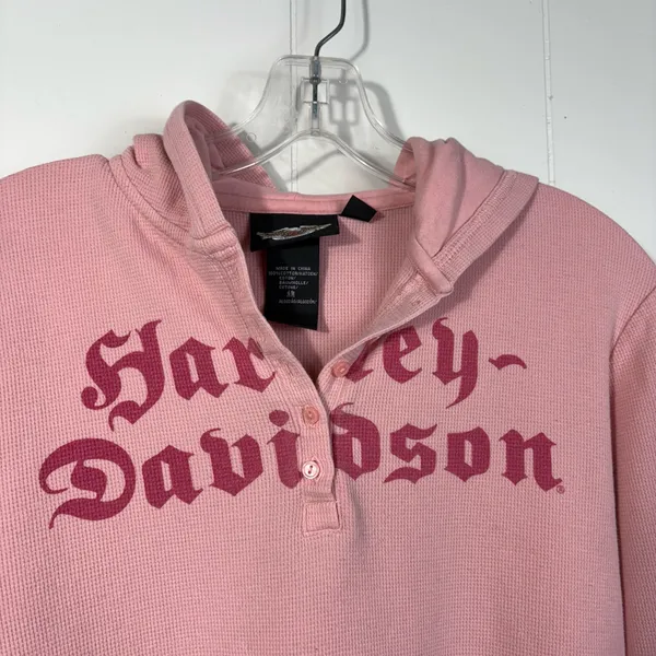 Vintage Y2K Harley Davidson Pink Hooded Thermal Long Sleeve Henley Top Grunge L - Image 2