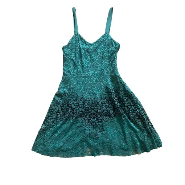 Free People Strap Mini Flare‎ Dress Green Floral Lace Black Velvety Detail - Image 3