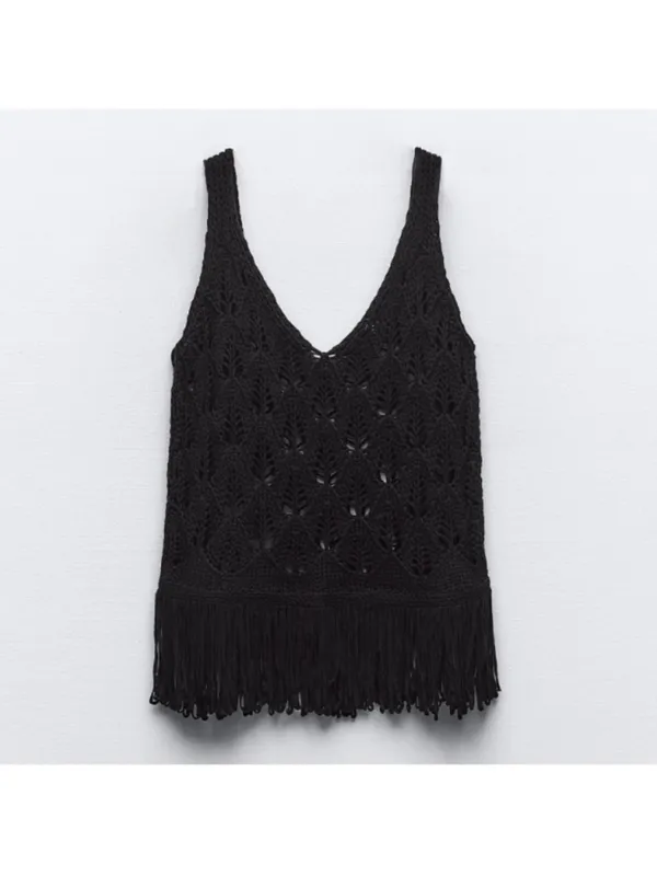 Zara NWT Black Crocheted Fringe Tank Top - Women - Image 4
