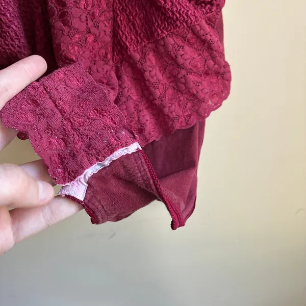 Vintage Movie Star Lace Bodysuit L Burgundy Womens V-Neck Lingerie USA Made - Image 4