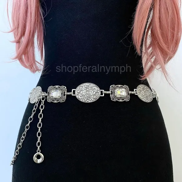 Silver Y2K Crystal Concho Medallion Chain Belt, Fits 24 to 46 Inches, X7GA1316 - Image 3