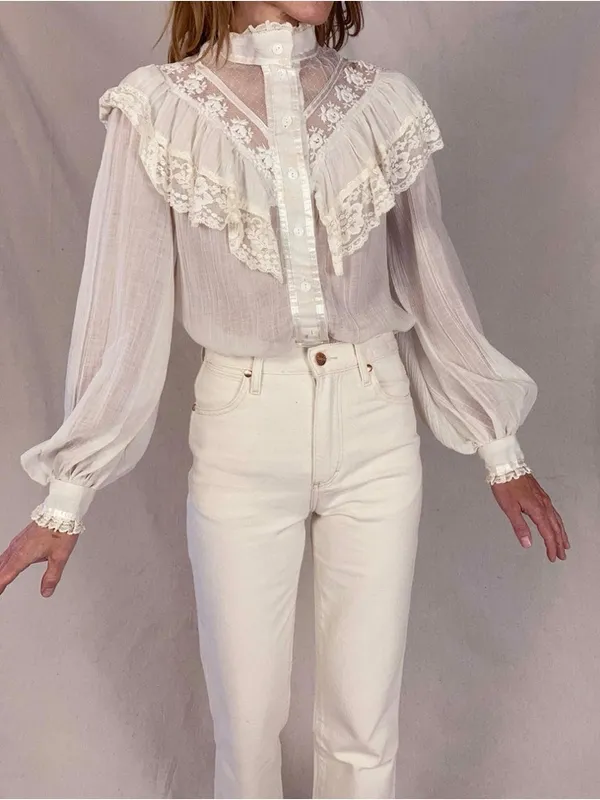 70s Gunne Sax Gauze Edwardian Lace Ruffle Blouse Victorian‎ size 11 - small - Image 8