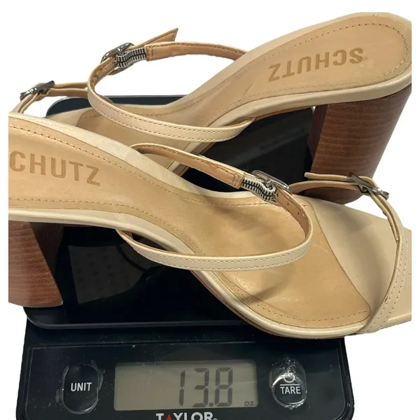 Schutz Sandals Womens 7.5 Nude Beige Leather Strappy Block Heel Buckle Classic - Image 15