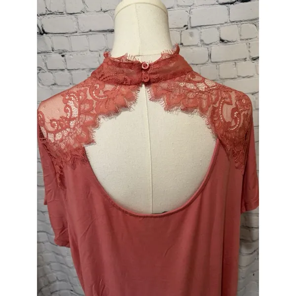 Haute Hippie coral-colored short-sleeve top featuring a sheer lace yoke XL - Image 6