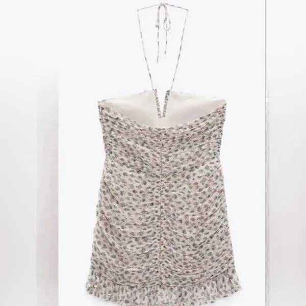 Zara Printed Cream Metallic Ruched Halter Mini Dress XS - Image 2