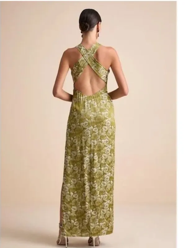 Lulus Lamila Chartreuse Floral Satin Column Maxi Dress Size Large - Image 3