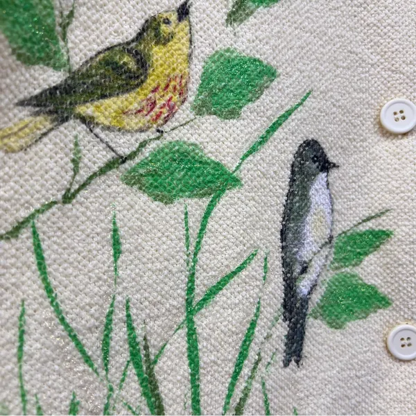 Vintage AU Women's yellow terry cloth cardigan Sweater Bird Art Applique Print - Image 8