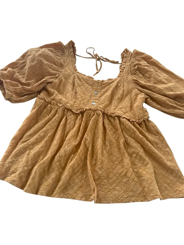 Mustard Peplum Crop Peasant Blouse with Puff Sleeves - Image 4