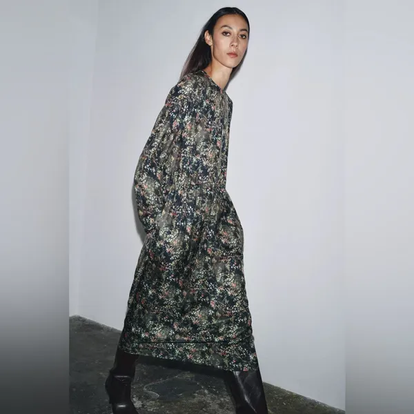NWT Zara Chic Floral Long Sleeve Dress Midi/Maxi Side Pockets dress Size S - Image 2