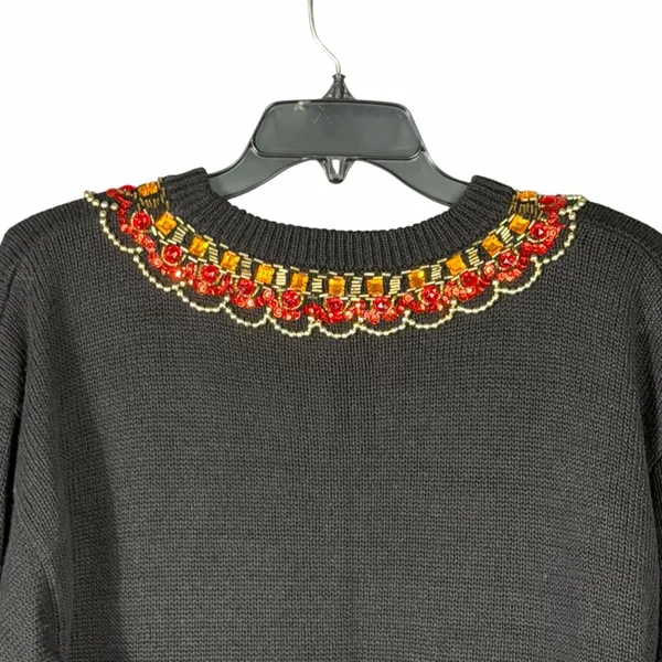 VTG 80s 90s Black Beaded Sweater Size Large Jeweled Embellished Statement Glam - Image 5