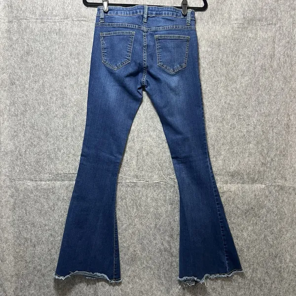 Galmint Womens US 4 Blue Denim Flare Bell Bottom Jeans Raw Hem Stretch‎ - Image 7