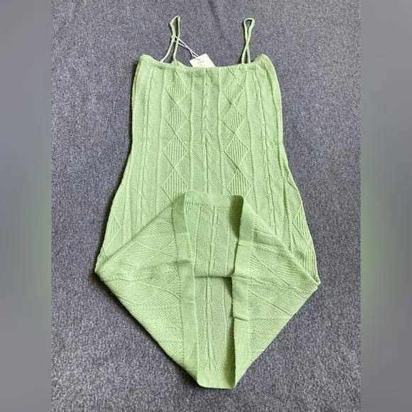 Light Green Cable Knit Diamond Bodycon‎ Mini Dress Spaghetti Strap XS - Image 2