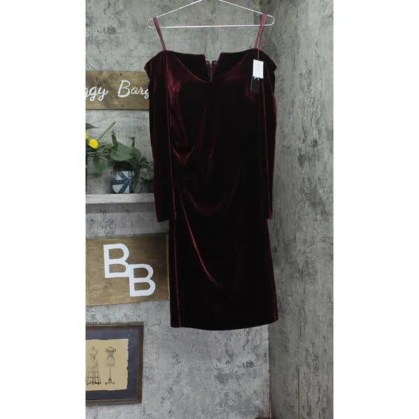 NWT X By Xscape Velvet Long Sleeve Off-The-Shoulder Sheath Dress Burgundy Red 16 - Image 3