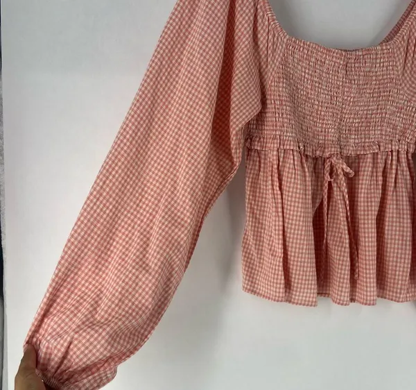 Forever Sunny Smocked Gingham Blouse Petal Pink Balloon Sleeves Peasant Milkmaid - Image 7
