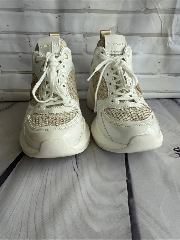 Michael Kors Zuma Knit Trainer Sneakers in the Pale Gold/Cream Color-way - Image 2