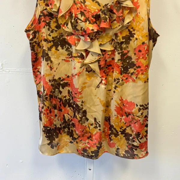 Y2K Anne Klein Floral Ruffle V-Neck Sleeveless Blouse Orange Yellow Womens Large - Image 4