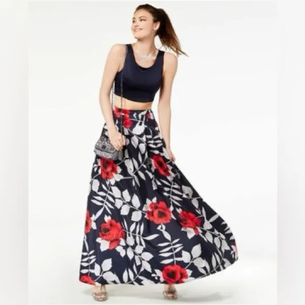 Sequin Hearts Blue Red White Floral Full Tulle Formal Maxi Skirt Size 0 - Image 3