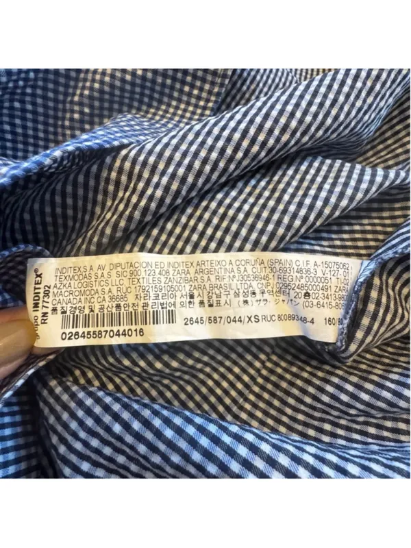 Women Zara Crop Top Gingham Blouse XS Blue Black White Bow Sleeve Off Shoulder - Image 10