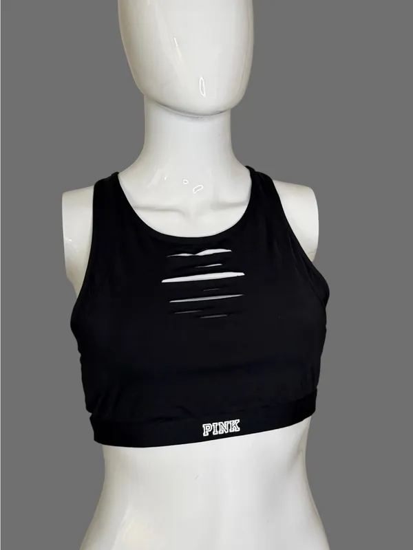 PINK Victoria's Secret Black Slashed Front Sports Bra - Image 2