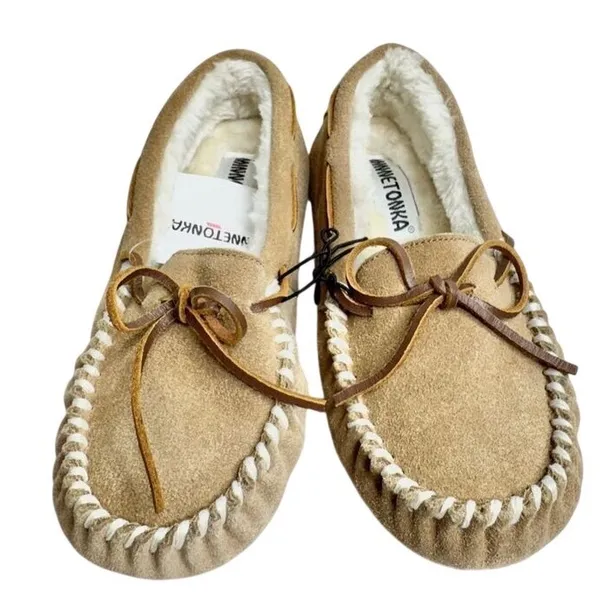 Minnetonka Cally Slipper Tan Suede Faux Fur Lined Moccasin Size 5M NEW - Image 3