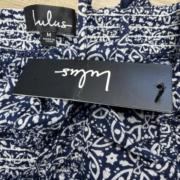 Lulus Maxi Dress Medium NWT Blue White Halter Tie Shoulder Tassel Open Back Boho - Image 4