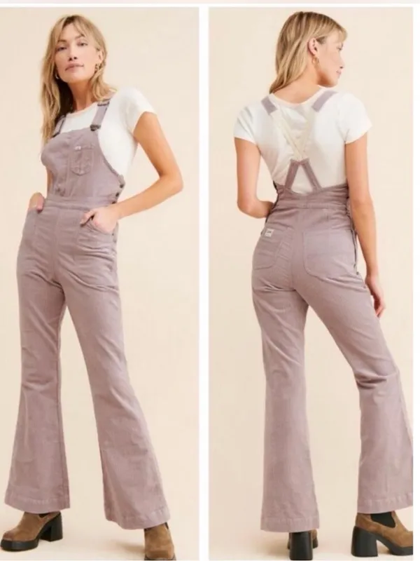 Free People X Lee Vintage Factory Flare Corduroy Overalls mauve Sz Medium - Image 3