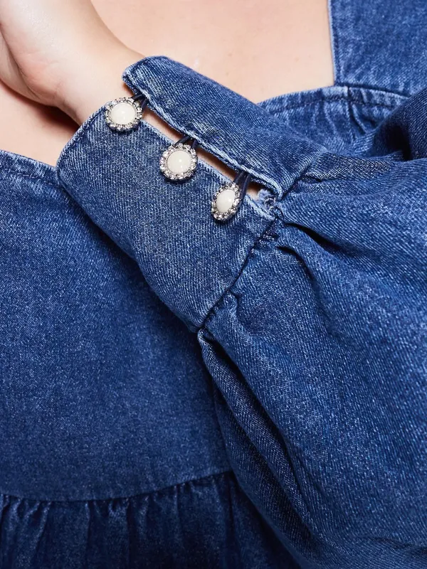 ASOS Luxe Curve Denim Baby Doll Long Sleeve Mini Dress with Bow Back Blue 16 - Image 3
