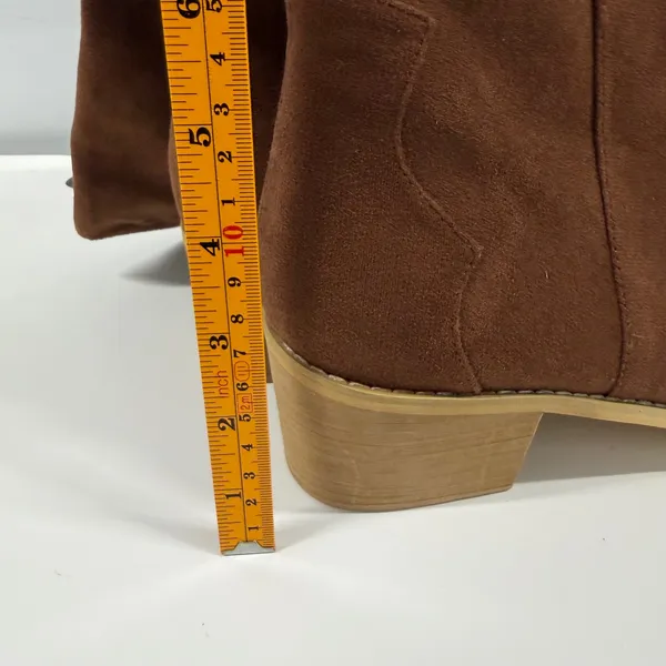 Brown Faux Suede Western Cowboy Boots Pointed Toe Side Zip Block Heel Size 44-12 - Image 7