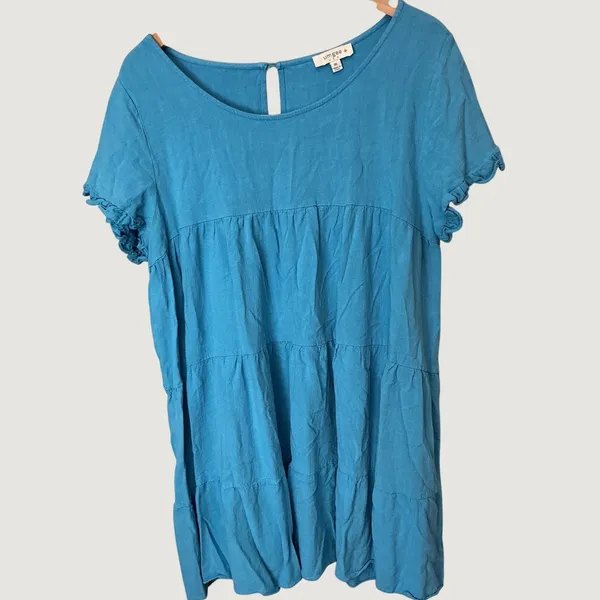 Umgee Plus Blue Linen Blend Tiered Babydoll Mini Dress Ruffle Sleeve 1XL WC2355 - Image 2